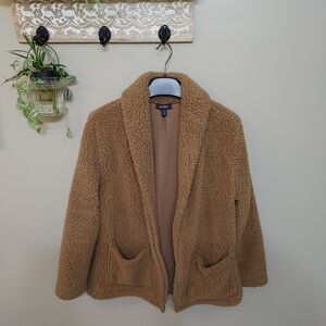 Lord & Taylor Tan Sherpa Jacket Faux Fur Teddy Coat Cozy Open Front Size Large
